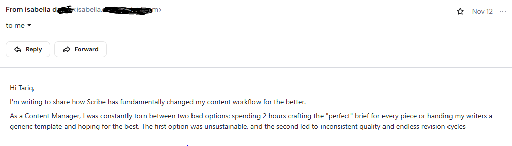 User testimonial email