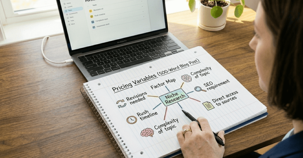 A close-up view of a copywriter's desk with an open spiral-bound notebook listing key variables (such as niche, SEO, and revisions) that influence the price of a blog post.