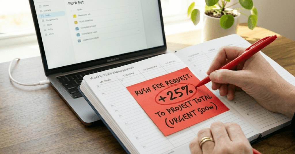 A focused shot of a copywriter's hands adding a bold red sticky note to a physical planner, increasing the price of a blog post for an urgent 48-hour deadline.