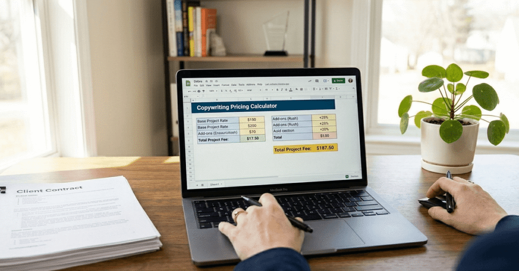 A professional female copywriter calculating the price for a 500-word blog post on a spreadsheet and notebook, confidently poised to finalize the fee in her home office.