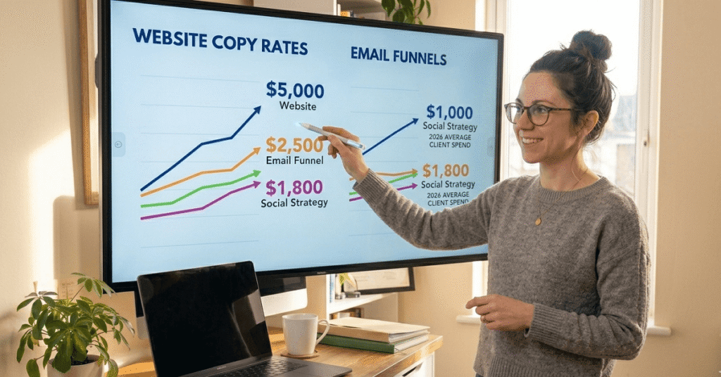 A professional female copywriter presenting complex data on high 2026 market rates for various services in her home office.