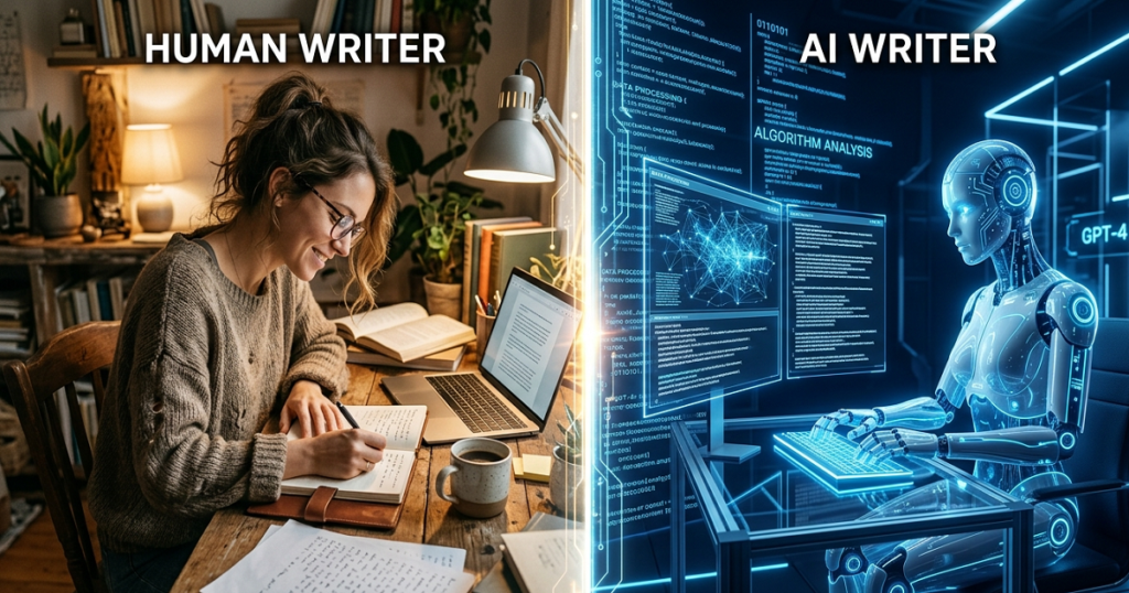AI robot versus human copywriter showing the truth about AI and copywriting