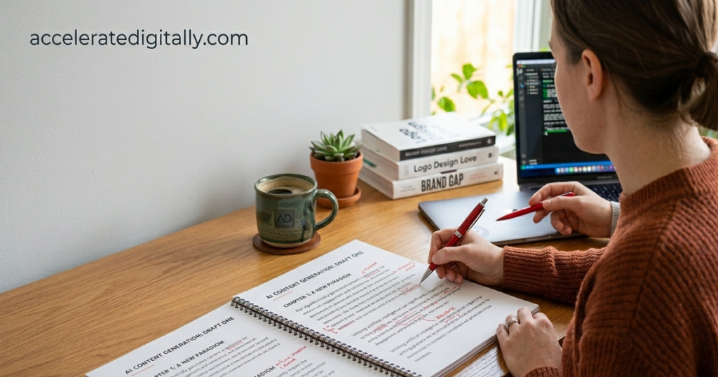 Copywriter editing AI-generated content to improve quality