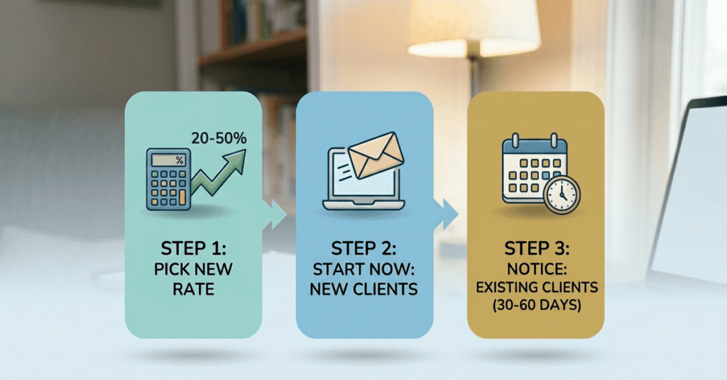 A 3-step vertical infographic illustrating: 1. Calculate a 20-50% rate increase. 2. Pitch new rates to new clients immediately. 3. Give existing clients 30-60 days' notice.
