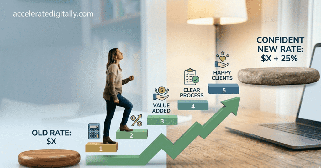 An infographic showing a clear path leading from a low 'Old Rate' stepping stone to a significantly higher, confident 'New Rate' platform.