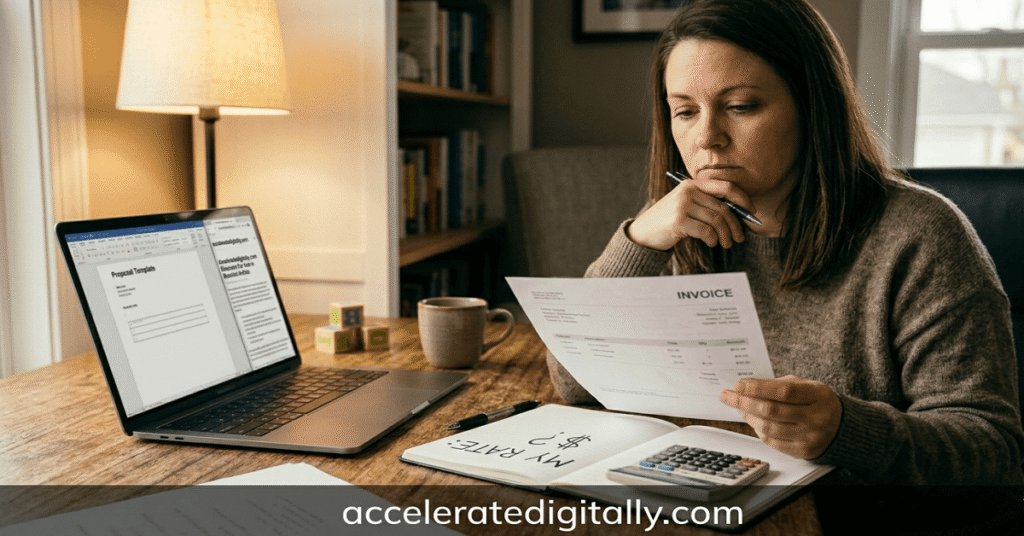 A copywriter, thoughtful and slightly frustrated, reviewing an invoice at her home desk, evaluating her current freelance rates.