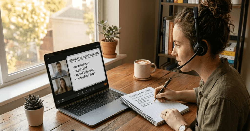 Focused copywriter wearing a headset during a video consultation call, taking notes on a tablet screen.