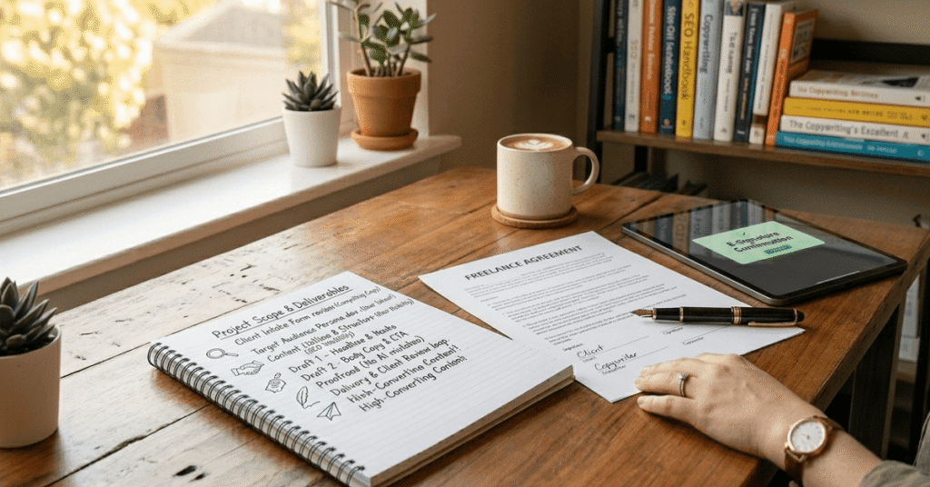 Close-up of a hand with a pen near a paper contract and a creative brief document.