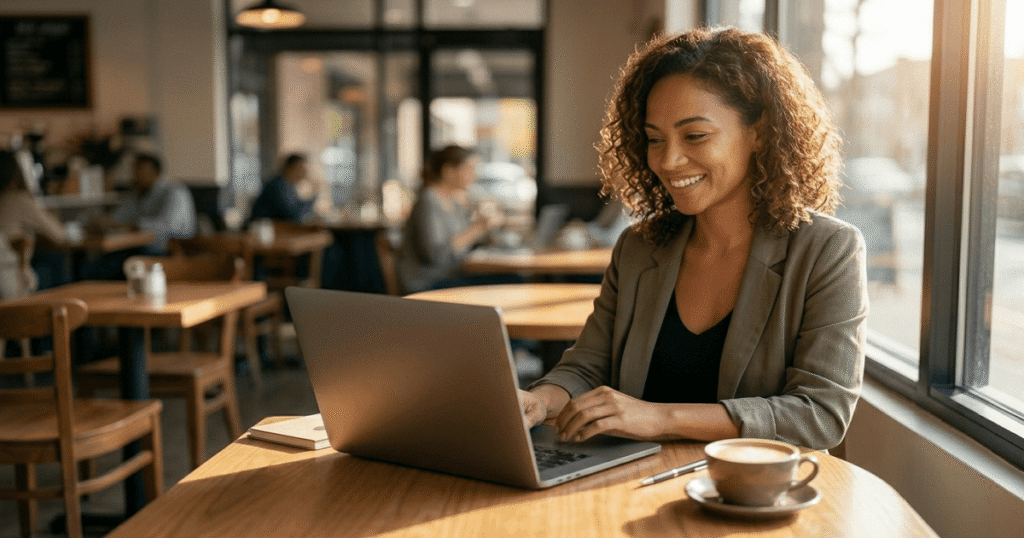 A happy entrepreneur looking at a high-performing marketing strategy on her laptop, showcasing the relief of receiving human-perfected copywriting.