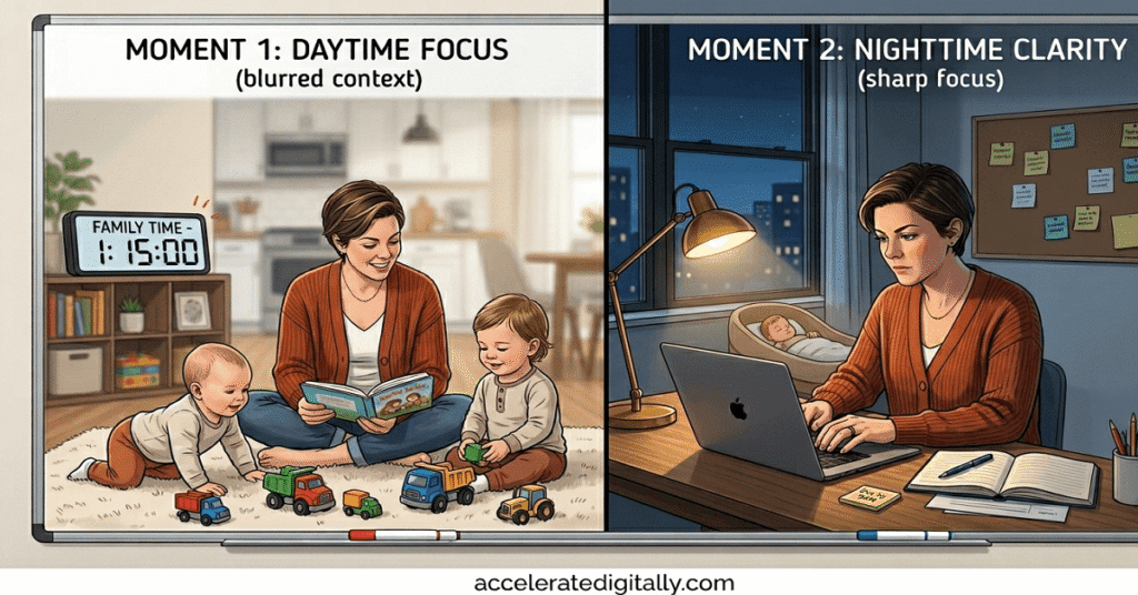 An illustrated split-screen showing a copywriter balancing scheduled family time and late-night focused client work using time-blocking strategy.