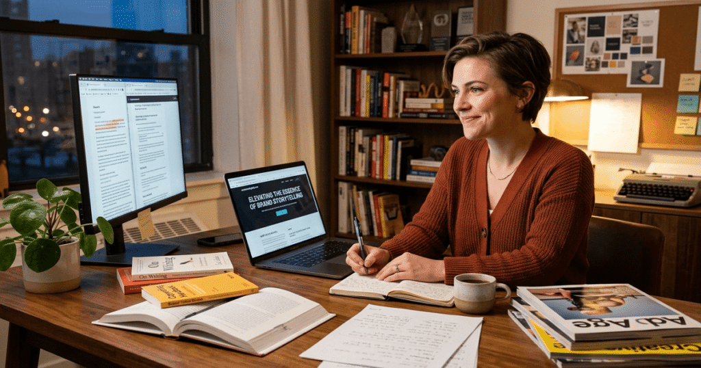 Confident copywriter working on a project with creativity and expertise.
