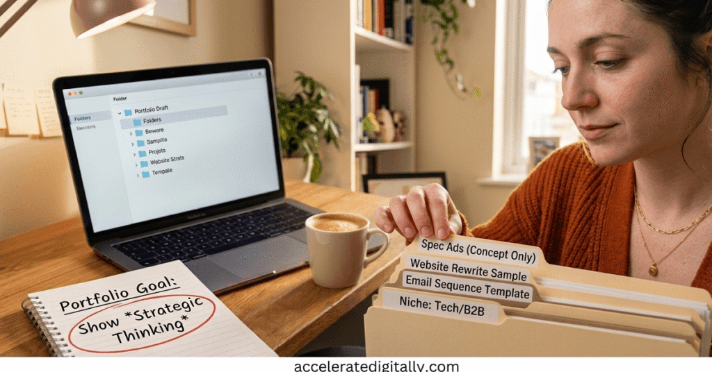 A focused close-up of a copywriter assembling a neat stack of portfolio folders labeled 'Spec Ads,' 'Sample Rewrite,' and 'Email Sequence,' next to an open laptop.