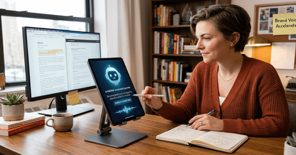 A creative copywriter collaborates with an advanced AI interface on a tablet.