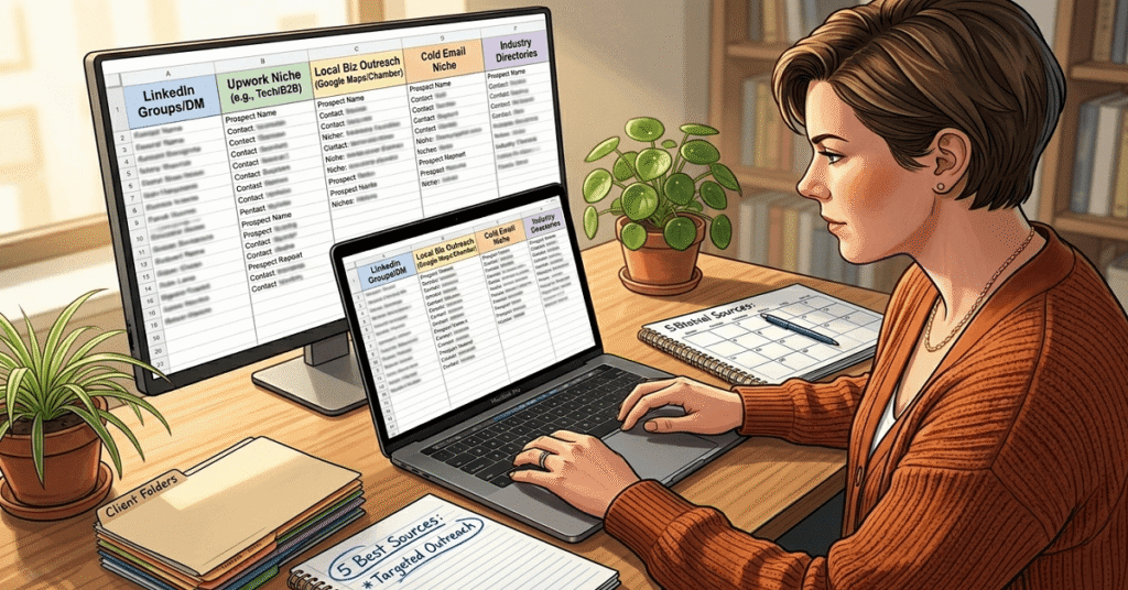 A high-angle view of a copywriter at her desk organized by an outreach grid on her laptop and niche lists in her notebook.