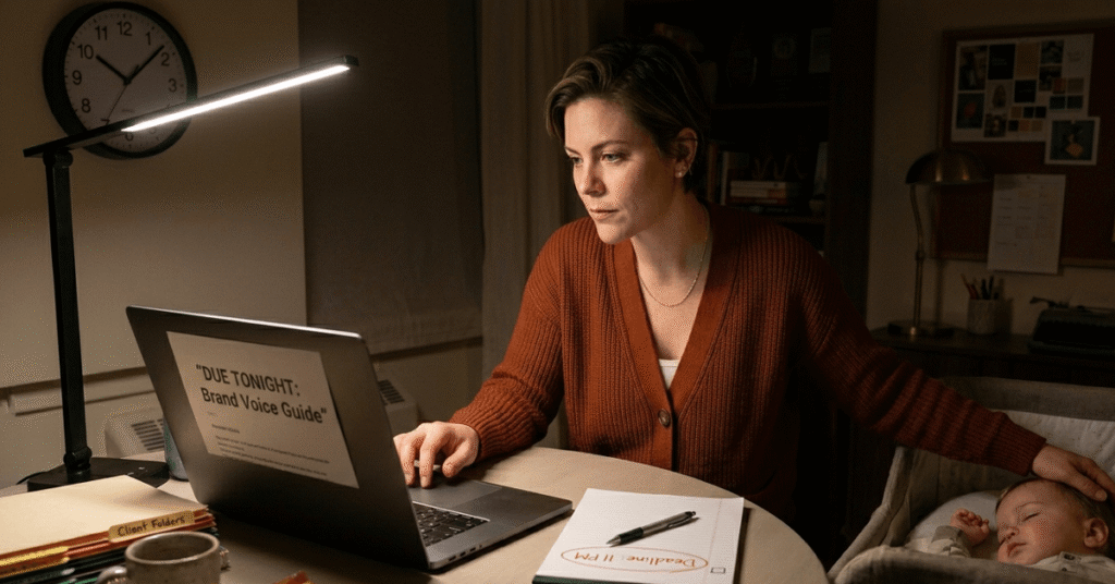 An atmospheric photo of a copywriter focused intensely on a deadline at her brightly lit desk while her toddler sleeps peacefully nearby in a cot.