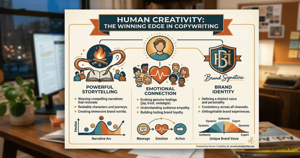 An infographic graphic demonstrating the human copywriter's unique strengths in marketing through examples of powerful storytelling, creating deep emotional connections, and establishing distinctive brand identities.