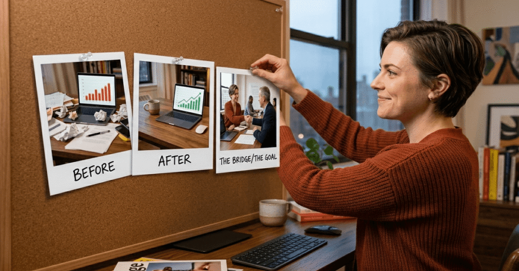 A female copywriter in her office placing sequential photos on a corkboard that illustrate a Before-After story.