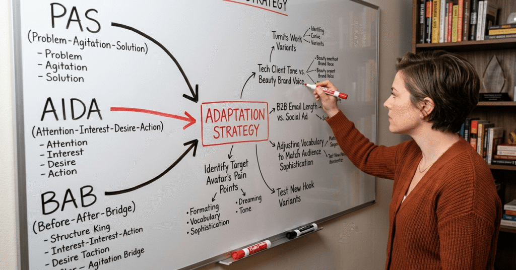 A strategy whiteboard filled with notes about adapting copywriting formulas to different brand voices and industries
