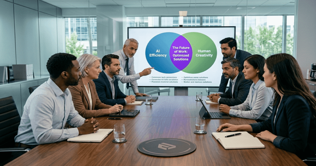 A diverse team of business professionals at a conference table reviewing a Venn diagram of AI efficiency and human creativity, highlighting client expectations for copywriting.