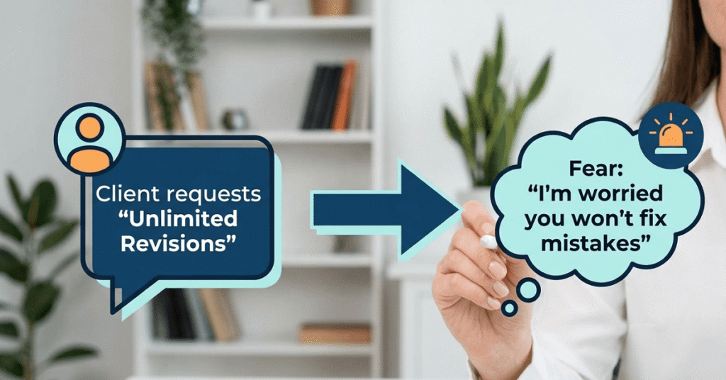 An infographic overlay contrasting the client request for 'unlimited revisions' with their true underlying fear of mistakes or misaligned vision.