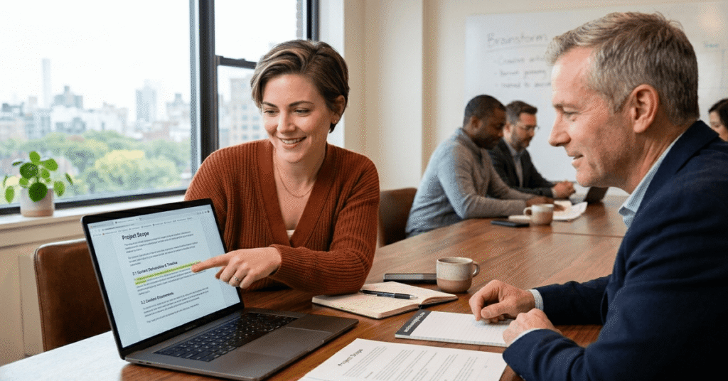 A calm copywriter collaborating with a client on a project scope document, maintaining professional rapport.