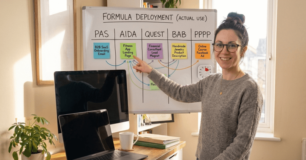 A strategy whiteboard filled with notes about adapting copywriting formulas to different brand voices and industries.