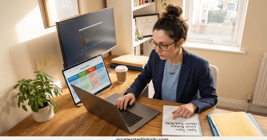 A high-angle view of a female copywriter at her desk organizing a strategic matrix on her laptop to define spec project goals.