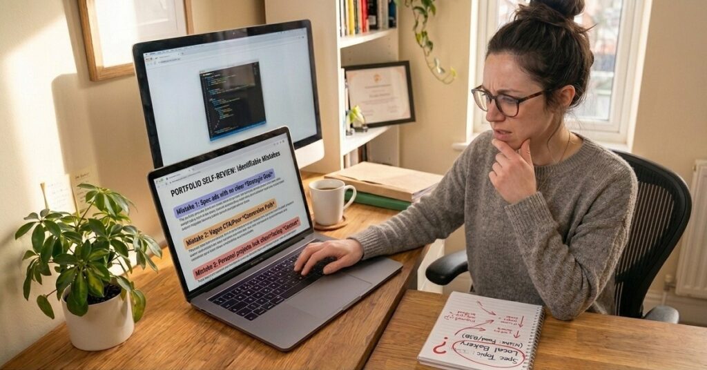 A female copywriter works late under a lamp, finalize a critical portfolio review displaying color-coded mistakes on her laptop screen.
