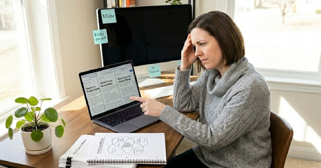 Freelance copywriter at her desk looking at various conflicting pricing figures on her laptop and sticky notes, illustrating the confusion of setting rates.