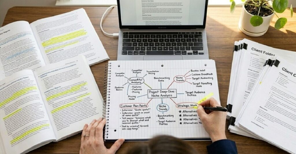 A close-up of a desk covered in research materials and a detailed mind map, showing the intensive work behind high-value copy.