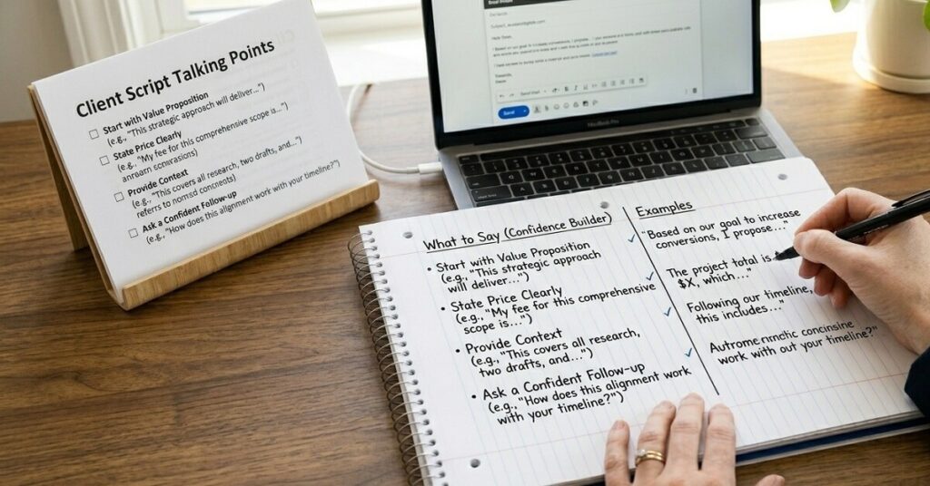 A copywriter on a video call with a pricing script propped up next to her laptop, demonstrating how to communicate rates confidently.