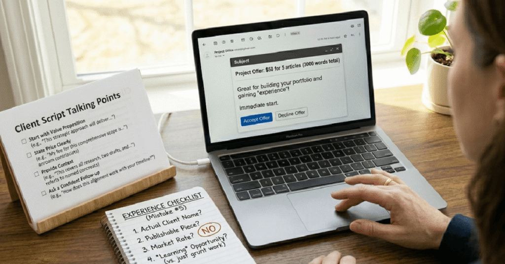 Copywriter looking skeptically at a low-paying job offer on her laptop, emphasizing the mistake of taking cheap work for experience.