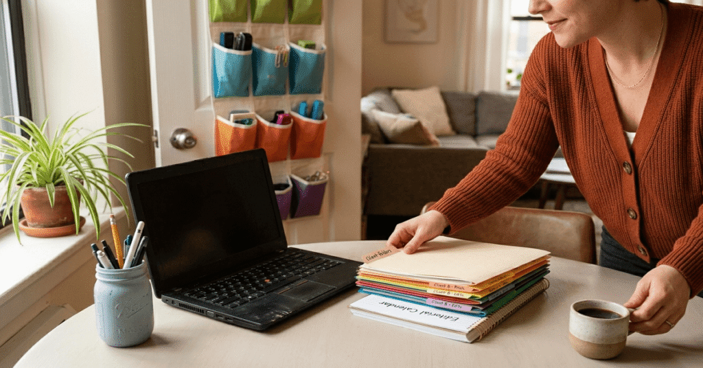 A close-up of a budget-friendly home workspace corner with an organized editorial calendar and clever storage solutions.