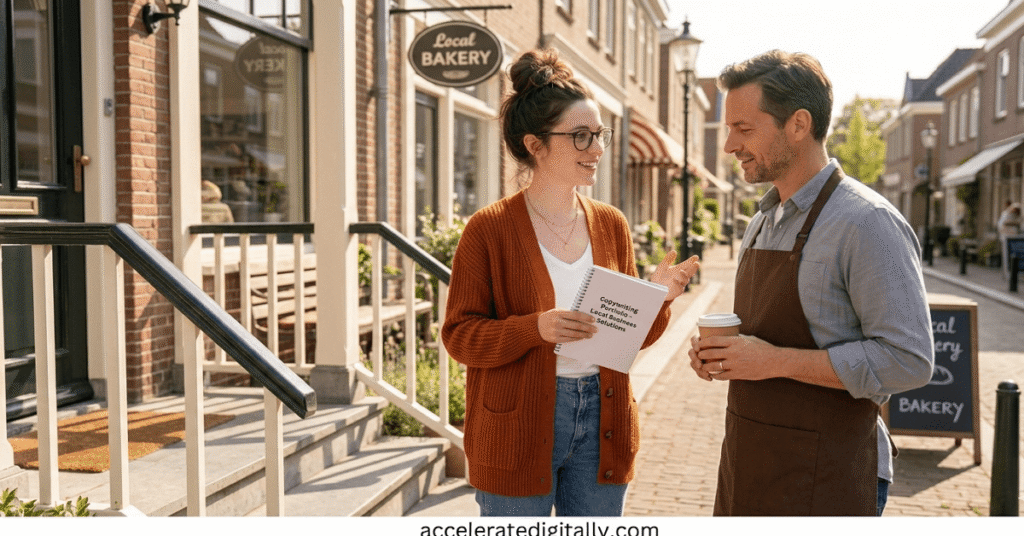 A professional female copywriter smiling and presenting her initial portfolio booklet to a potential local client on a sunlit porch
