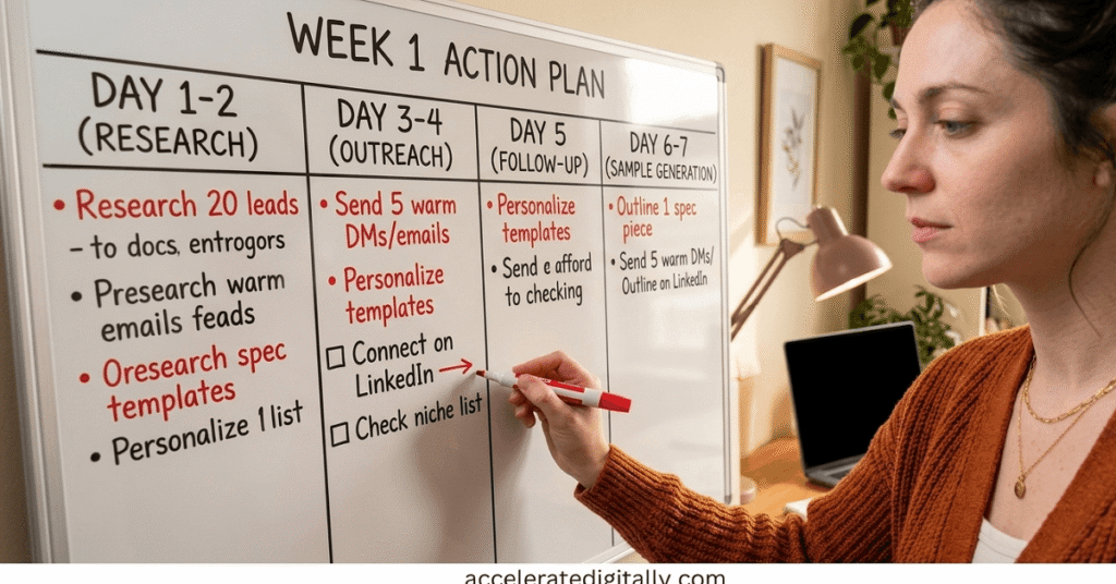 A close-up of a whiteboard with a detailed first-week copywriter action plan including research, outreach, and following-up timelines.