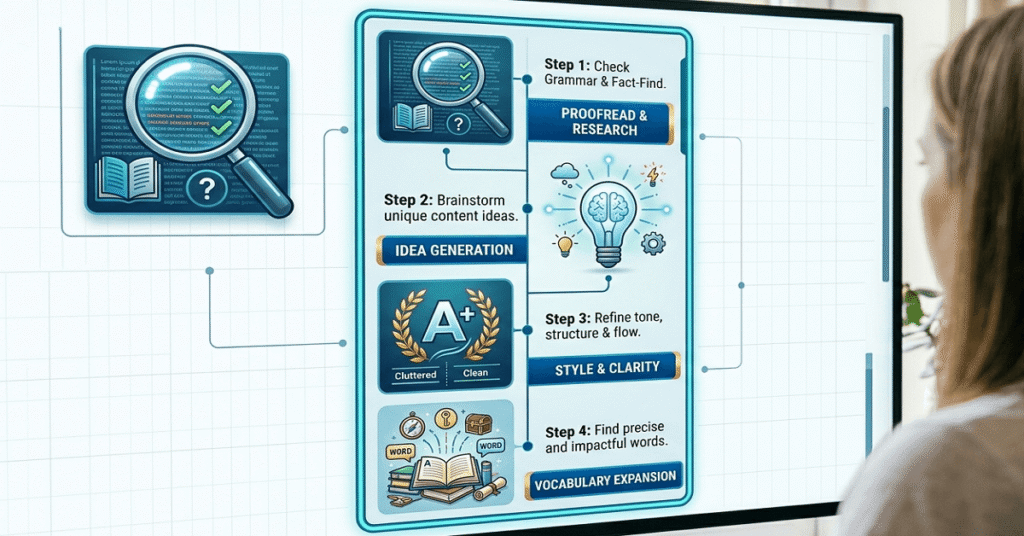 Vertical infographic showing four stages of optimized writing: Proofread, Brainstorm, Refine Style, and Expand Vocabulary.