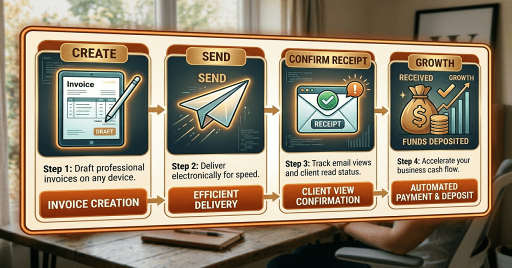 A horizontal flowchart infographic illustrating the invoicing cycle: Create, Send, Confirm Receipt, and Payment Received.