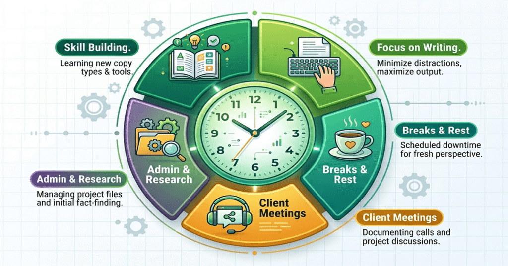 A circular infographic divided into five segments: Focus, Breaks, Meetings, Admin, and Learning, illustrating a balanced time-tracking method.
