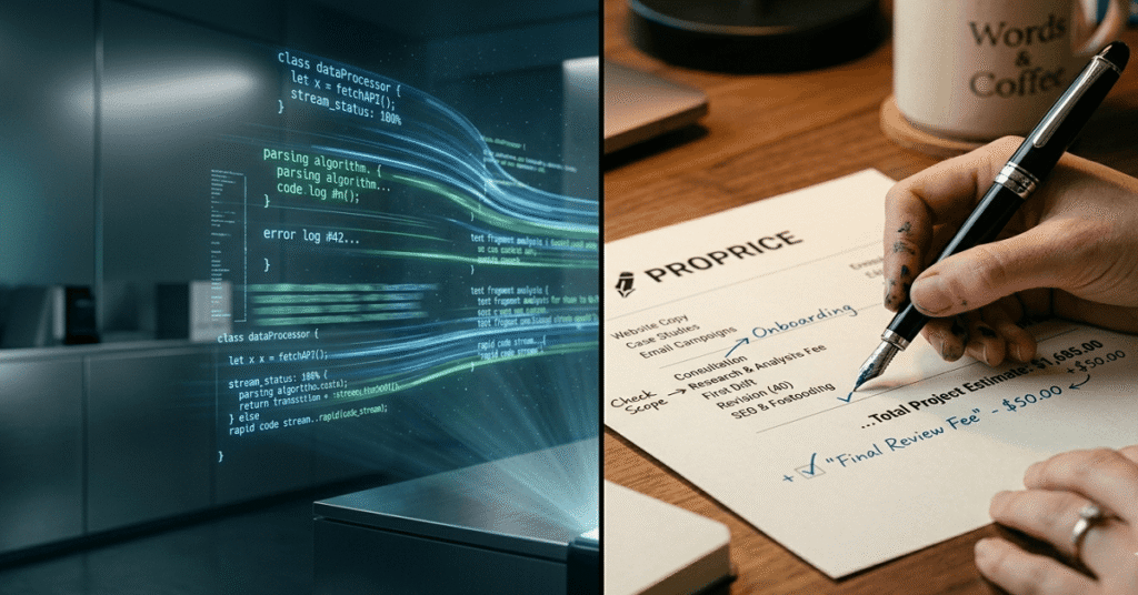 A split-screen visual showing a digital AI interface on one side and a human hand editing text with a fountain pen on the other, representing the human-led copywriting career.