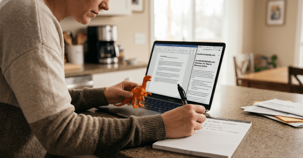A parent copywriter’s hand holding a toy and a pen at a busy kitchen counter, symbolizing quick productivity decisions under the "2-Minute Rule (But Different)."