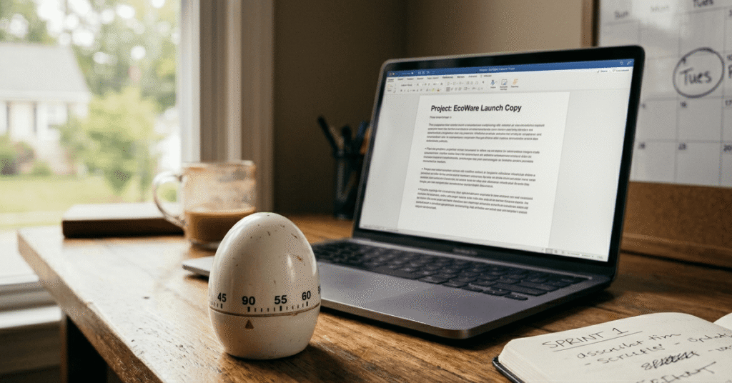 A classic kitchen egg timer set to 60 minutes next to a laptop on a desk, illustrating timed copywriting sprint.