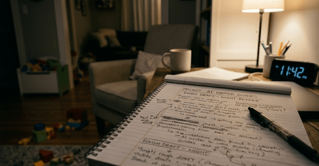 A close-up photograph of handwritten copy on a notepad under warm lamp light in a dark room at night.