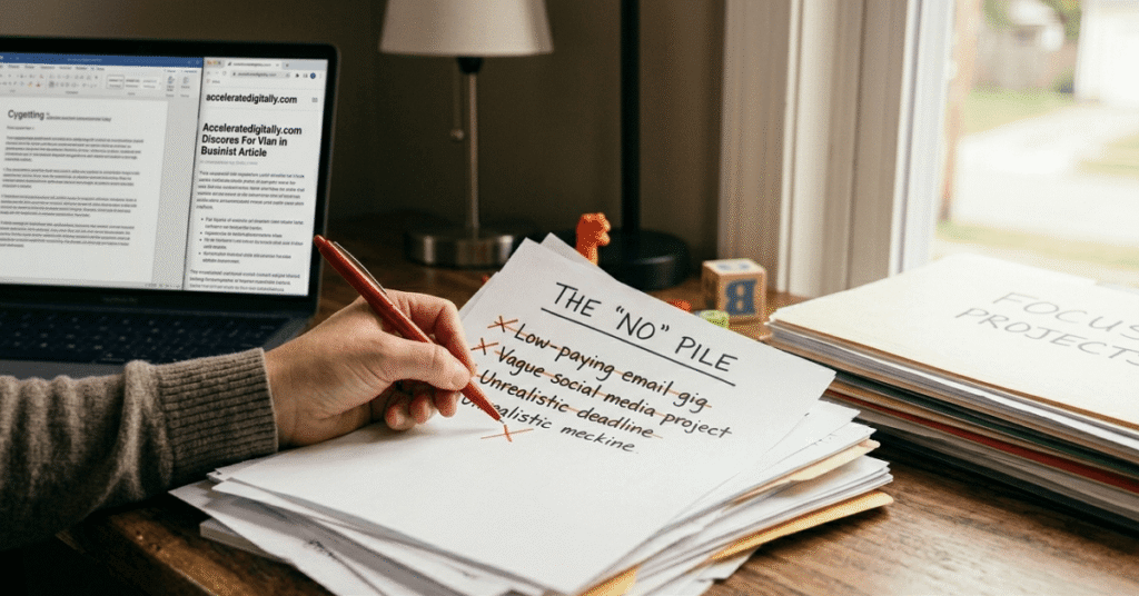 A hand letting go of a tall stack of messy papers labeled 'THE NO PILE' next to a neat laptop.