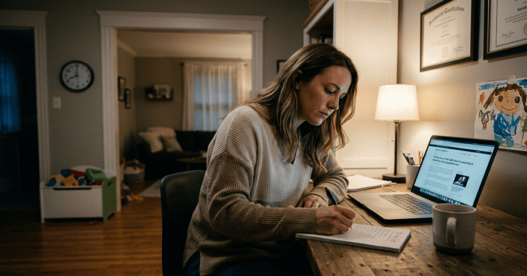 A mom copywriter, mid-30s, working at a home desk at night, juggling copywriting tasks and family life.