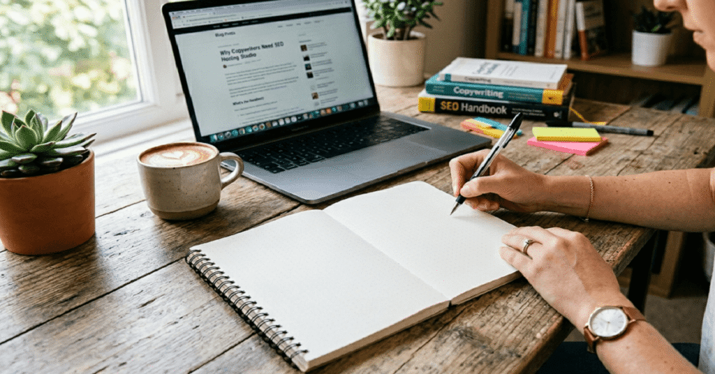 A workspace desk with a notebook showing compelling copywriting and SEO visibility.