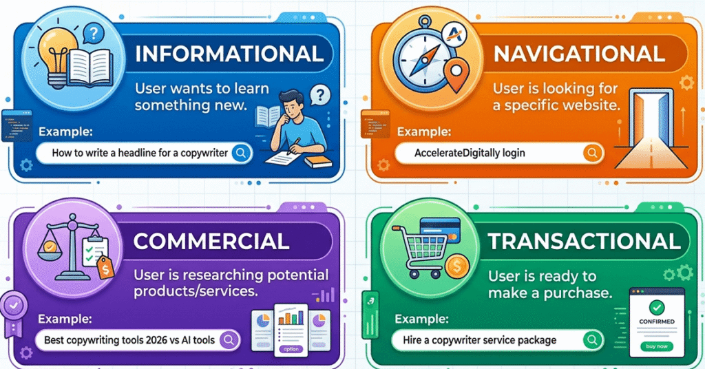 An infographic chart breaking down the four main types of search intent: Informational, Navigational, Commercial, and Transactional.