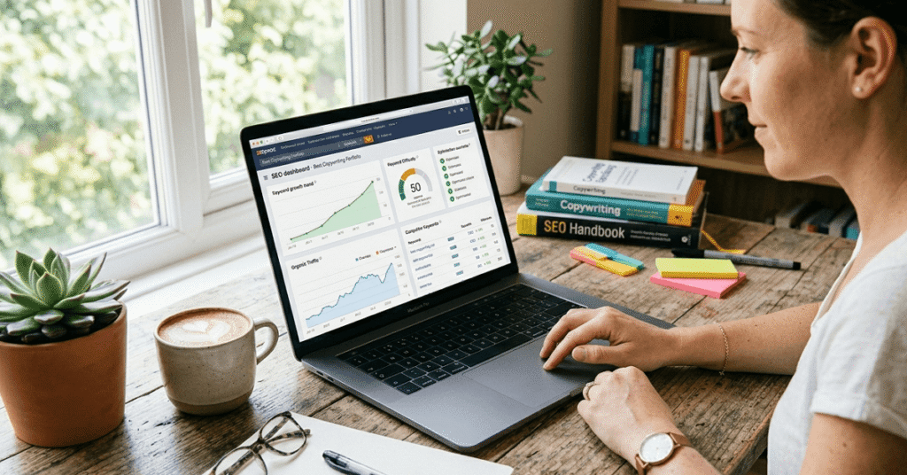 A female copywriter reviewing keyword data and SEO metrics on her laptop in a bright home office.