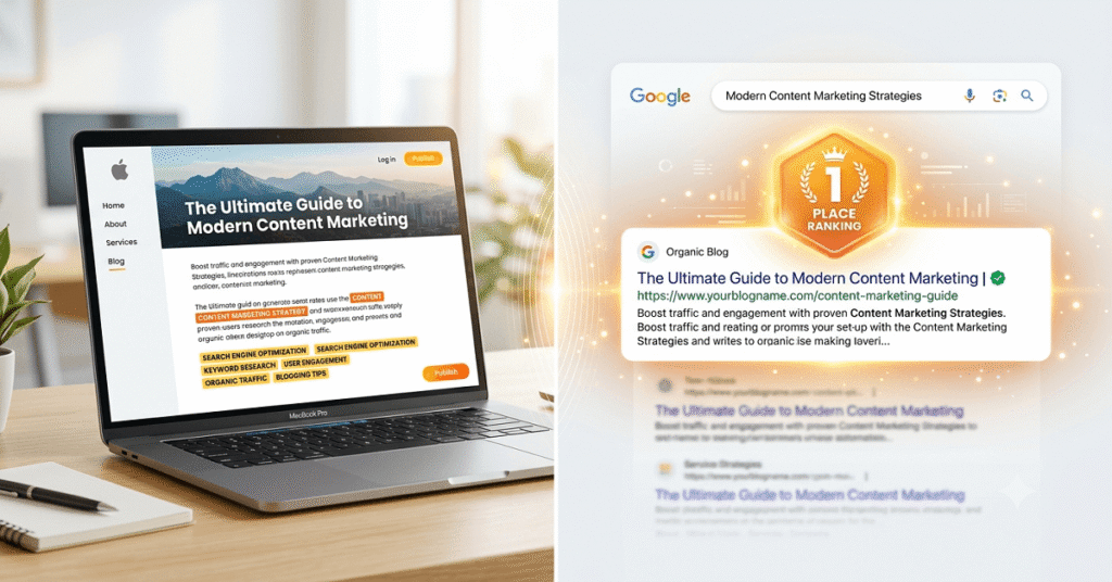 A laptop displaying a digital article alongside a magnifying glass highlighting a top search engine ranking.