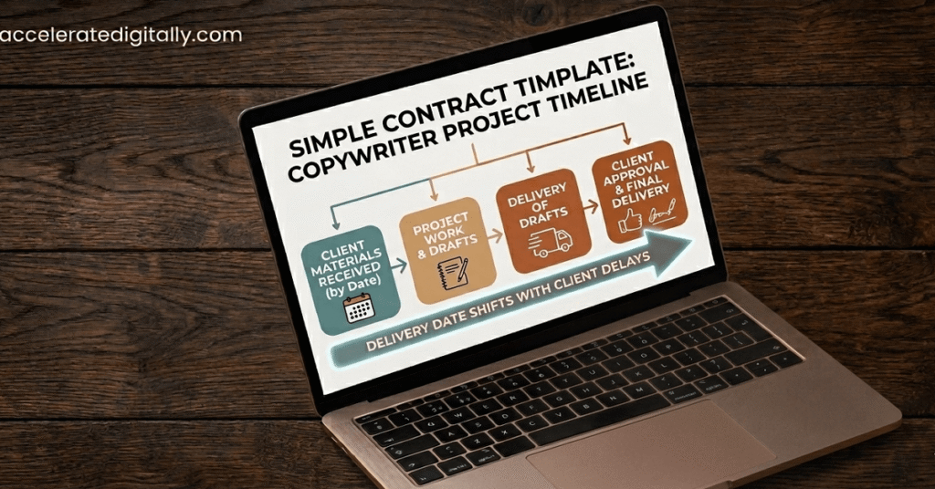 An infographic timeline showing how the project delivery date is dependent on the client providing all materials by a specific date.