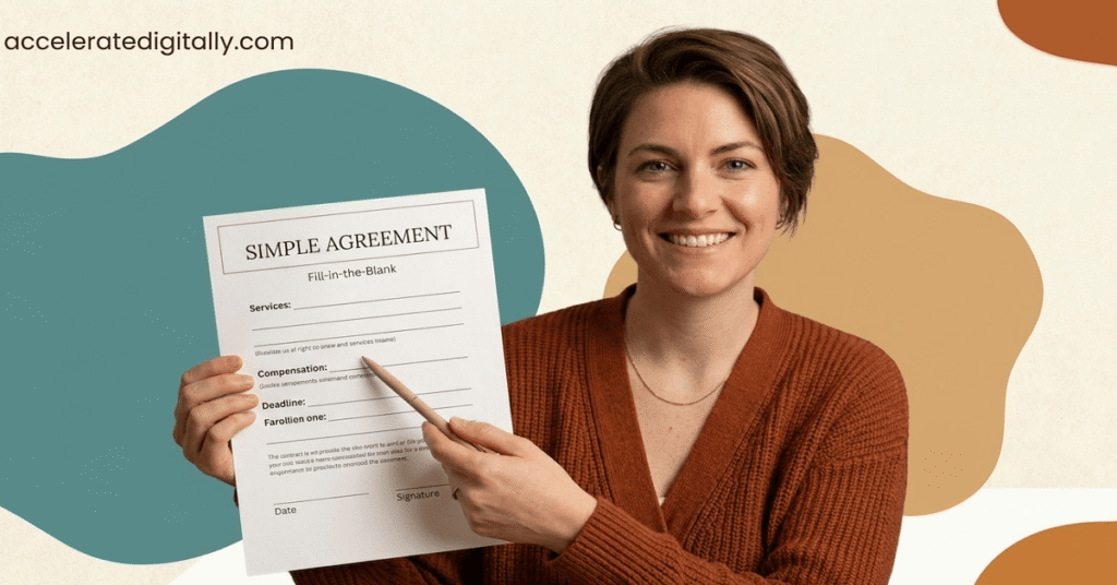 A smiling professional female copywriter holding up a one-page contract agreement, with her home office bookshelf in the background.